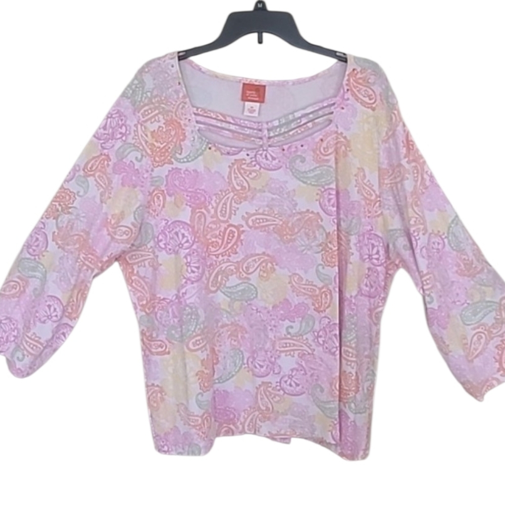 Heart Of Palm Paisley Print Crystal Accented Lattice Neckline Tunic Top